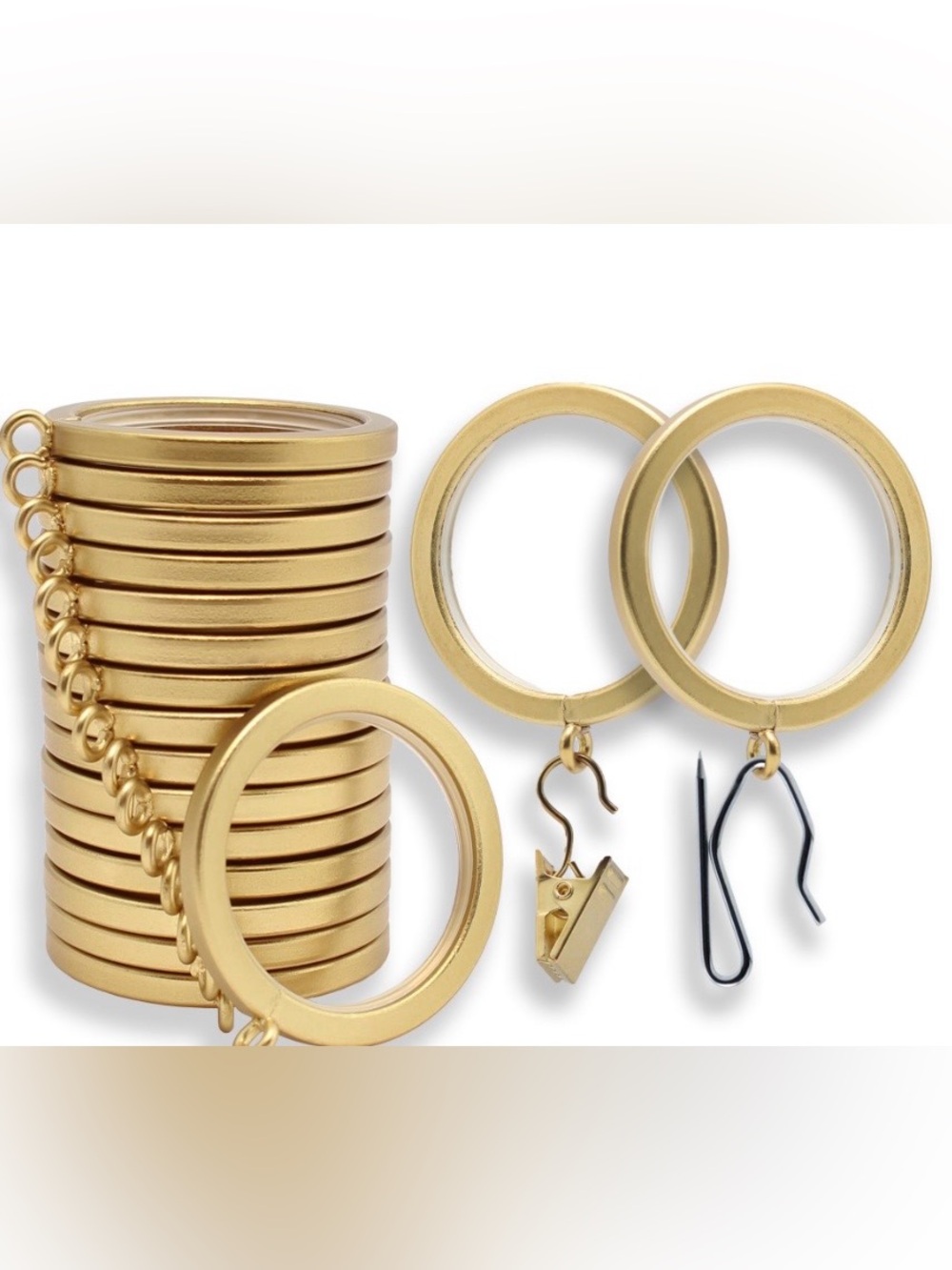 Luxury Brushed Gold Curtain Rings with Pin Hooks & Clips 18pcs